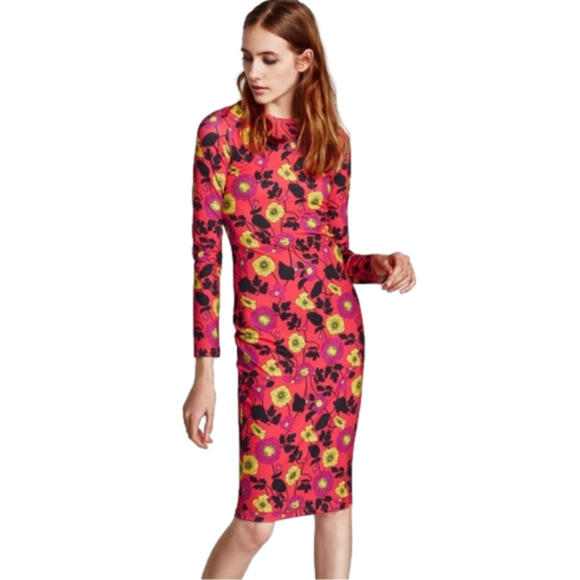 Zara Red Floral Bodycon Dress Size M - Picture 1 of 10
